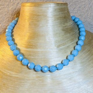 Vtg Art Deco Czech Turquoise Blue Faceted Milk Glass Necklace Choker