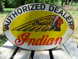 Old Vintage Oval Indian Motorcycles Porcelain Enamel Authorized Dealer Sign