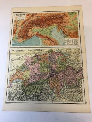 Antique 1930 Map: Switzerland & The Alps 90 Years Old Vintage Print