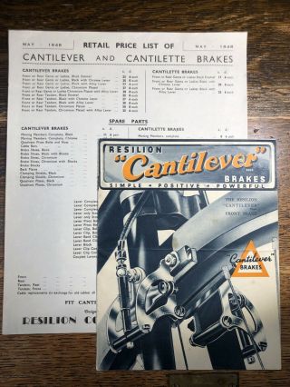 1948 Resilion Brochure & Price List - Cantilever And Cantilette Brakes Cycle
