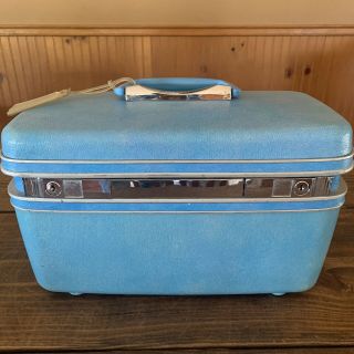 Vintage Samsonite Silhouette Blue Makeup Train Case With Tray Mirror Luggage