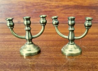 Vintage Toy Pair Dollhouse Miniature Candle Holders Brass Candelabra 1 - 1/2 " High