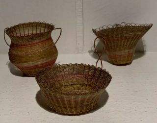 3 Antique Native American Handwoven Sweetgrass Miniature Baskets Museum
