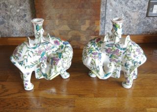 Pair Vintage Chinese Porcelain Famille Rose Enamel Elephants Candle Holders