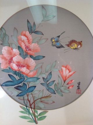 Vintage Hand Painted Oil Floral Butterflies Signed Picture On Silk Framed 14x12