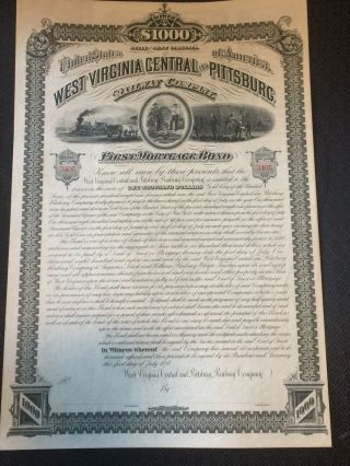 Rare West Virginia Central & Pittsburgh Ry (pre Western Maryland Ry) Gold Bond