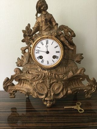 19th Century French Gilt Mantle Clock Key Pendulum Present - 13” Tall 12” W