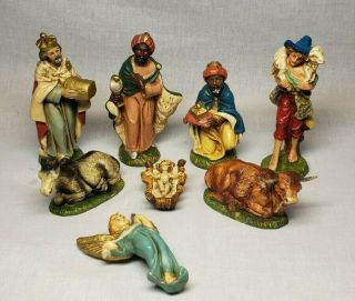 Vintage Made In Italy 8 Piece Paper Mache Nativity Set Cow,  Donkey,  Baby Jesus