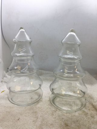 2 Vtg.  Clear Glass Christmas Tree Apothecary Jar 9 Inches