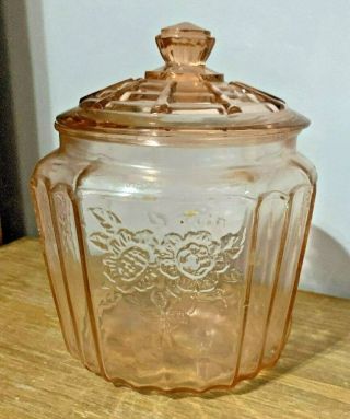 Vintage Pink Depression Glass Candy Biscuit Jar & Lid Mayfair Pattern Open Rose