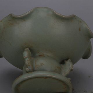 Chinese Old Ru Kiln Crackle Glaze Carved Words Gilt Porcelain Compote 2