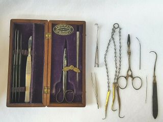 Antique 19th C Surgical Instruments Mahogany Box Darrow & Co,  Truax 13 Items