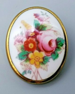 Vintage Royal Worcester Porcelain Flower Painted Floral Gold Tone Pin Brooch