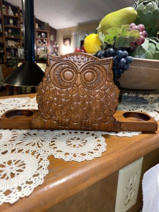 Vtg Carved Wooden Owl Retro Napkin Holder Salt And Pepper Caddy