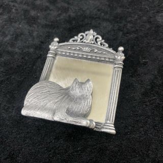 Vintage Signed Jj Cat Reflection In Mirror Pewter Silver Tone Pin Brooch