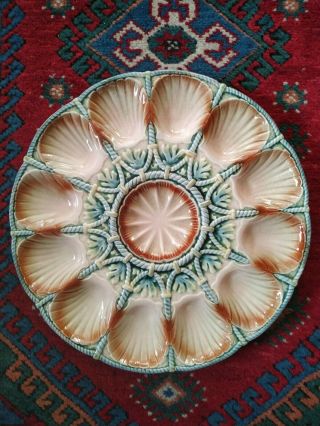 Large Antique French Majolica Oyster Plate Sarreguemines Barbotine 14 1/2