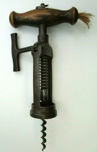 Antique Steel Rack And Pinion Corkscrew With Brush Ca.  1850
