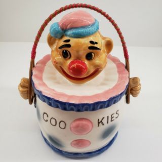 Vintage Ceramic Circus Clown Cookie Jar With Straw Handle Marked Japan