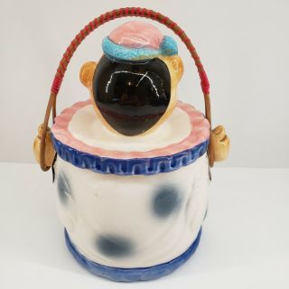 Vintage Ceramic Circus Clown Cookie Jar with Straw Handle Marked Japan 2