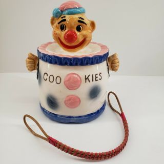 Vintage Ceramic Circus Clown Cookie Jar with Straw Handle Marked Japan 3