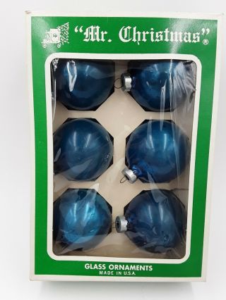 Vtg Mr Christmas Vintage 2 5/8 " Glass Blue Christmas Tree Ornaments Box Of 6