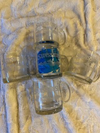 Vtg 5 Swiss Miss Clear Glass 12oz Mugs Etched Logo & Mountains Heavy Hot Cocoa