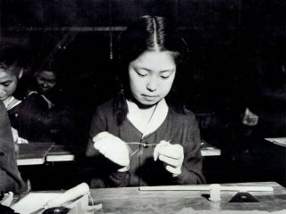 1946 Vintage Photo Student Sews Buttonhole At Futaba Girls School In Tokyo Japan