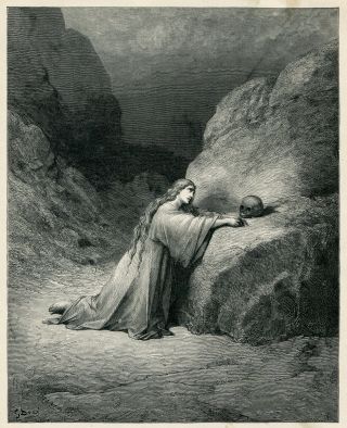 Gustave Dore Mary Magdalene W Human Skull Vintage Bible Art 1880 Antique Print