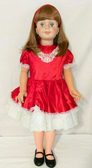 35” Vintage Unmarked Patti Playpal Doll Companion Friend Auburn Hair Red Dress