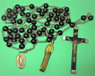 ANTIQUE NUN ' S HABIT ROSARY BROWN BEADS BRASS MEDAL & CLIP ITALY EBONY CRUCIFIX 2
