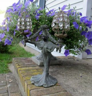 Antique Art Nouveau Spelter Metal Roses Mermaid Woman Lady Statue Lamp 18 "