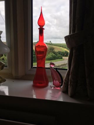 Vintage Red Hourglass Genie Bottle 1960’s Italian Empoli Optic Decanter Mcm