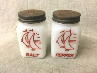 Vintage Tipp City Milk Glass Salt & Pepper Red Sail Boats