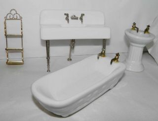 Vintage Porcelain Dollhouse Miniature Pedestal Sink Bathtub & Huge Kitchen Sink