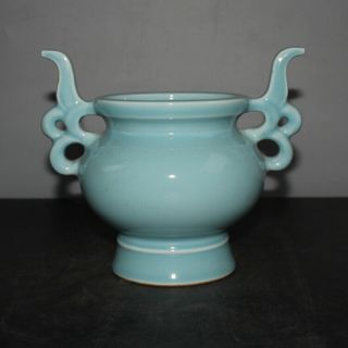 Chinese Old Marked Sky Blue Glaze Double - Ear Porcelain Incense Burner