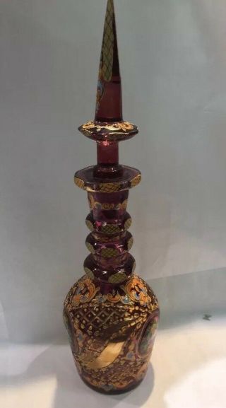 Antique Bohemian Cranberry Cut To Clear Decanter With Enamel