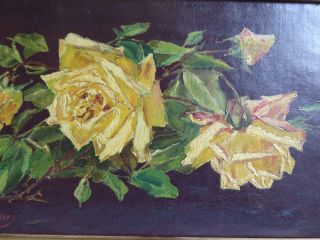 Lovely French Floral Oil Painting On Canvas - Yellow Roses - Dated 1899