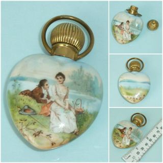 Antique Miniature Scent Bottle Love Heart Chatelaine Porcelain Perfume Flask