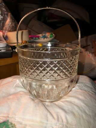 Vintage Crystal Glass Ice Bucket Chiller W/ Silver Metal Handle Diamond Pattern