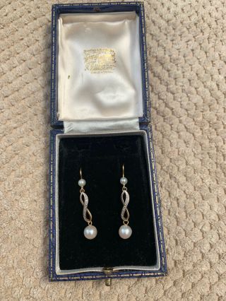 Antique Art Deco Diamond & Pearl 9ct Gold Earrings