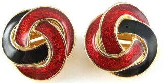 Vintage 1980s Goldtone Vivid Red Black Enamel Knot Statement Clip On Earrings
