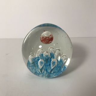 Vintage Hand Blown Art Glass 4” Paperweight With Blue & Red Bubble Explosion