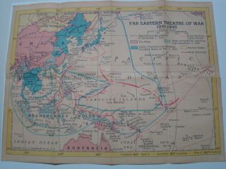 Vintage Wwii Far Eastern Theatre Of War 1941 - 1945 Map Japan Atom Bomb Locations