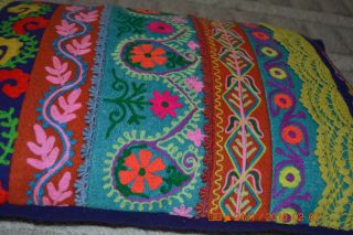Vintage Embroidered Handmade Throw Pillow Flowers Bright Retro Colors 20 X 14