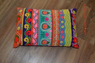 Vintage Embroidered Handmade Throw Pillow Flowers BRIGHT RETRO COLORS 20 X 14 2