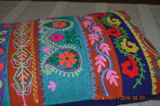 Vintage Embroidered Handmade Throw Pillow Flowers BRIGHT RETRO COLORS 20 X 14 3