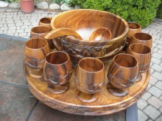 Vintage Carved Tiki - Theme Monkey Pod Wood Punch Bowl Set,  12 Goblets,  Ladle,  Laz