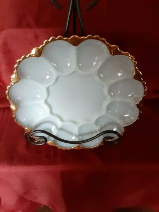 Vintage Fire King Delphite Blue Milk Glass Deviled Egg Plate with Gold Trim 3