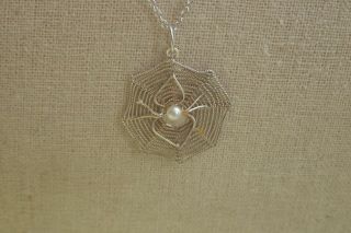 Sterling Silver Necklace Spider Web With Faux Pearl Vintage Postage
