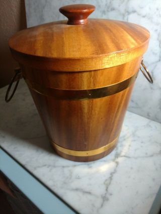 Vintage Kmc Wood Ice Bucket Teak Retro Mid - Century Brass Rings 9.  5 " X 9.  5 "